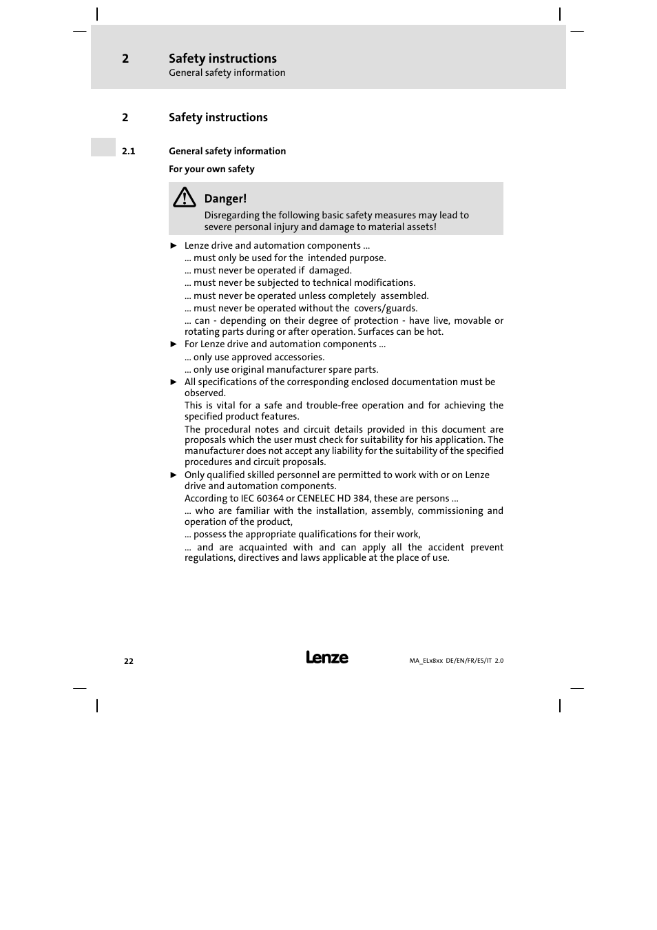 Safety instructions, General safety information | Lenze EL 9800 Mounting Instructions User Manual | Page 22 / 89