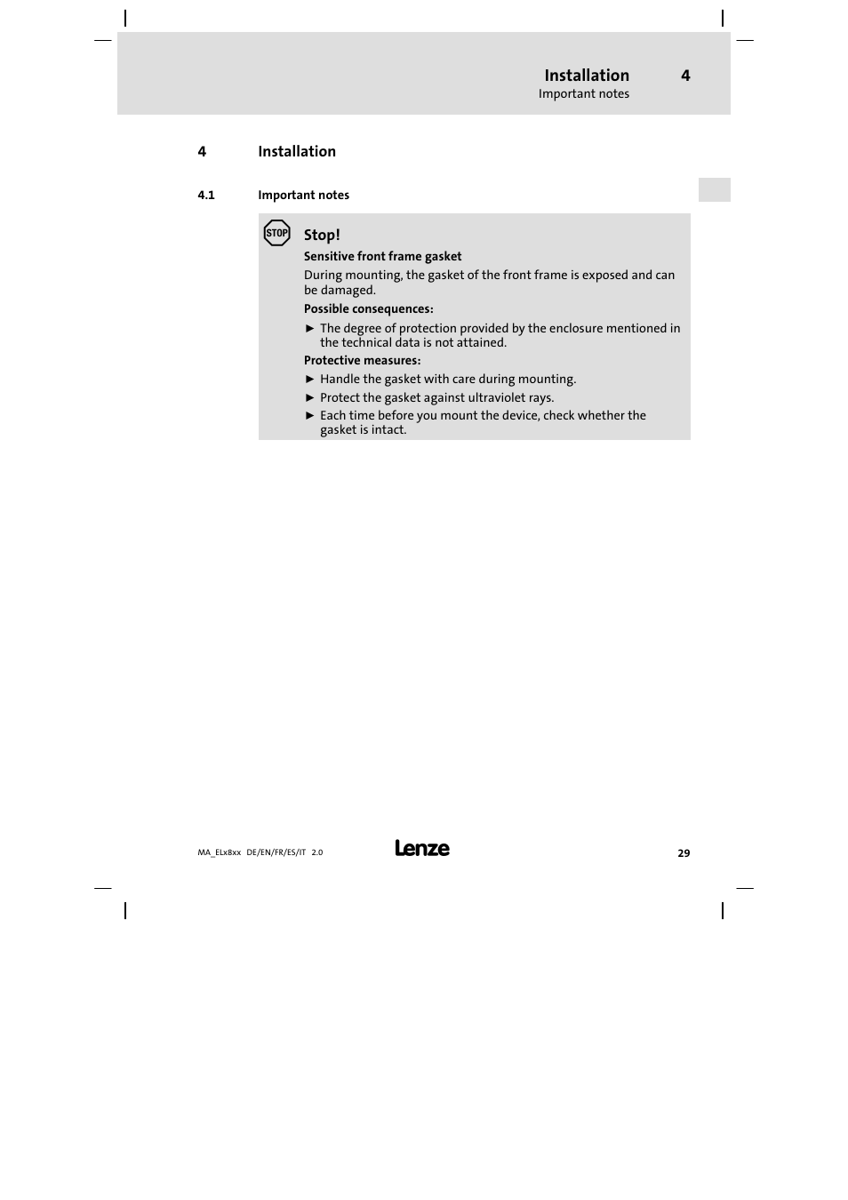 Installation, Important notes | Lenze EL 9800 Mounting Instructions User Manual | Page 29 / 89