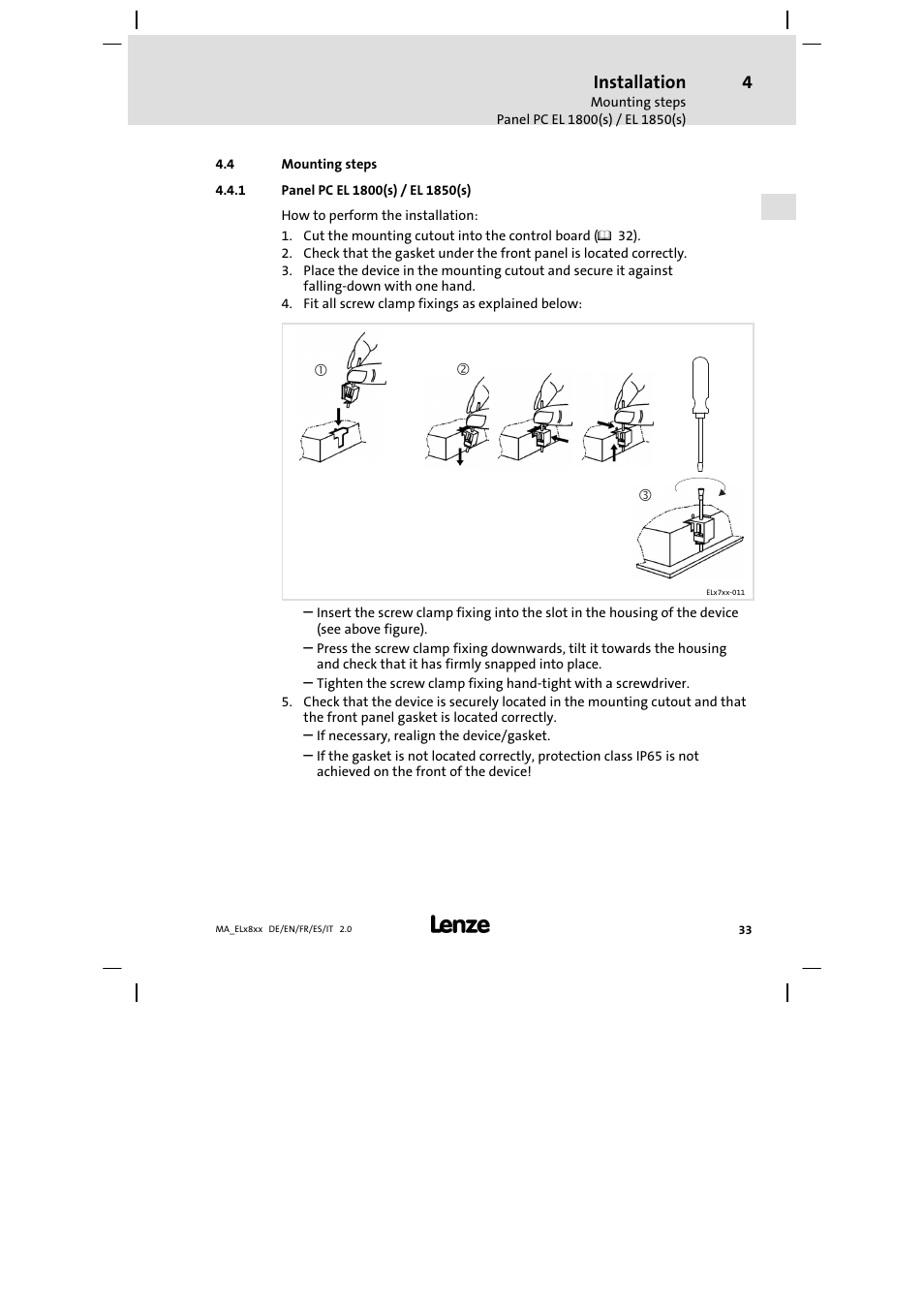 Mounting steps, Panel pc el 1800(s) / el 1850(s), Installation | Lenze EL 9800 Mounting Instructions User Manual | Page 33 / 89