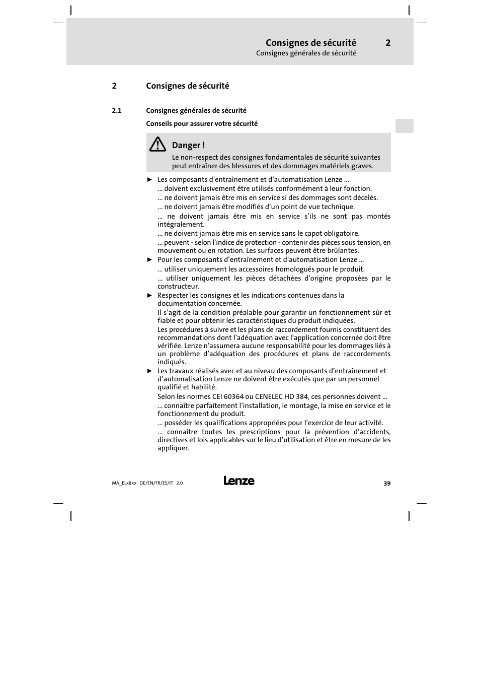 Consignes de sécurité, Consignes générales de sécurité | Lenze EL 9800 Mounting Instructions User Manual | Page 39 / 89