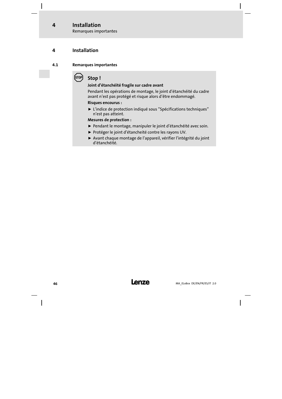 Installation, Remarques importantes | Lenze EL 9800 Mounting Instructions User Manual | Page 46 / 89