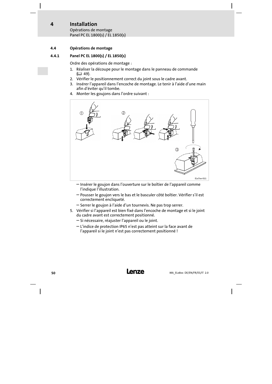 Opérations de montage, Panel pc el 1800(s) / el 1850(s), Installation | Lenze EL 9800 Mounting Instructions User Manual | Page 50 / 89