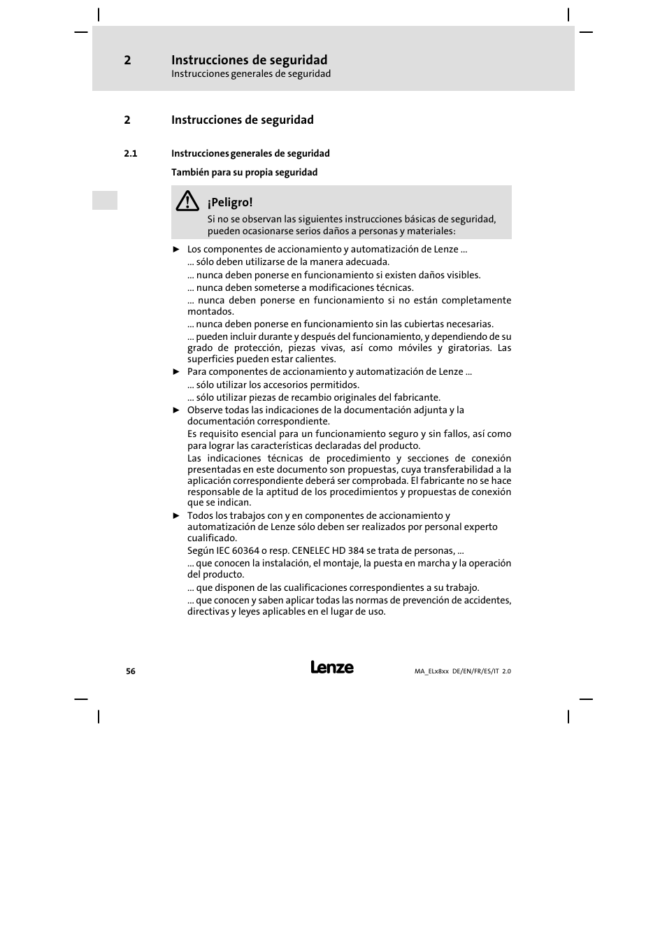 Instrucciones de seguridad, Instrucciones generales de seguridad | Lenze EL 9800 Mounting Instructions User Manual | Page 56 / 89