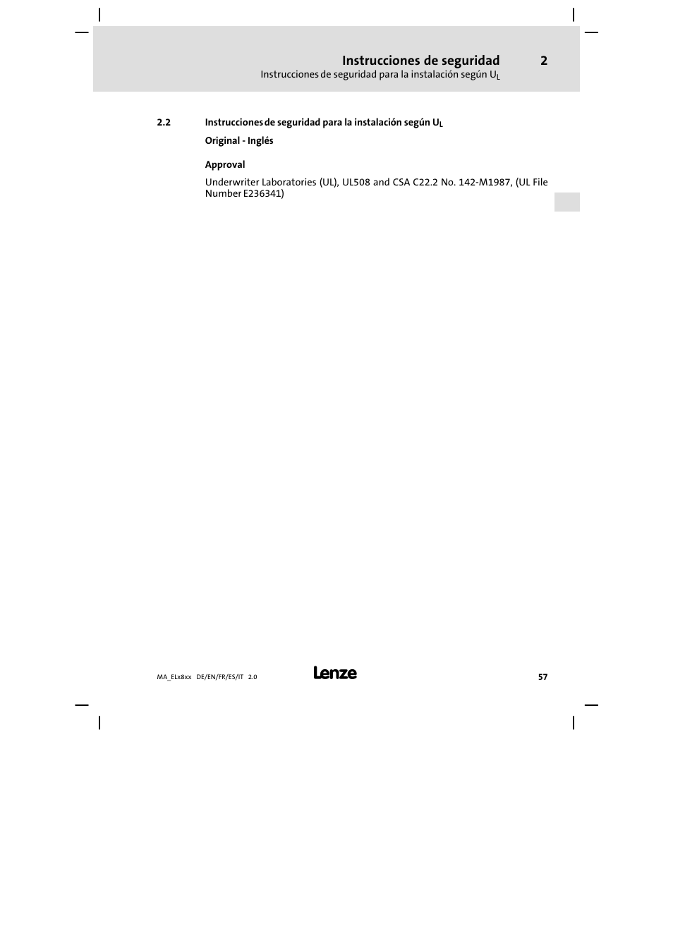 Instrucciones de seguridad | Lenze EL 9800 Mounting Instructions User Manual | Page 57 / 89