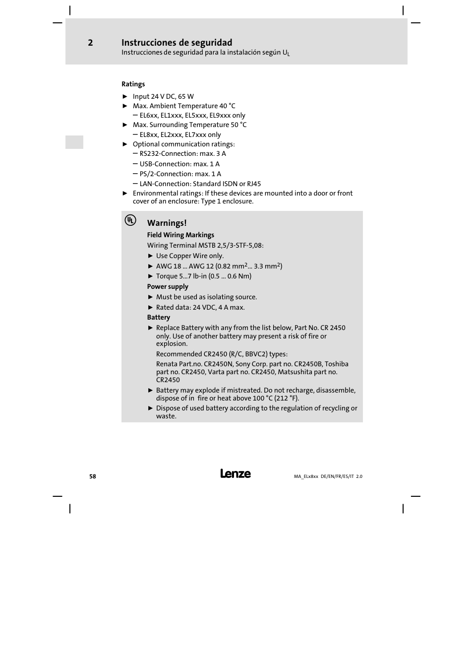 Instrucciones de seguridad | Lenze EL 9800 Mounting Instructions User Manual | Page 58 / 89