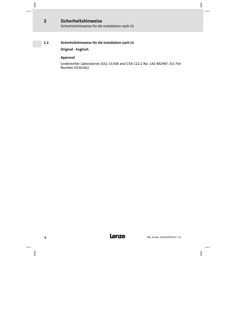 Sicherheitshinweise für die installation nach ul, Sicherheitshinweise | Lenze EL 9800 Mounting Instructions User Manual | Page 6 / 89