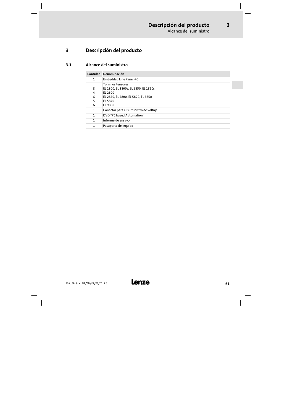 Descripción del producto, Alcance del suministro | Lenze EL 9800 Mounting Instructions User Manual | Page 61 / 89