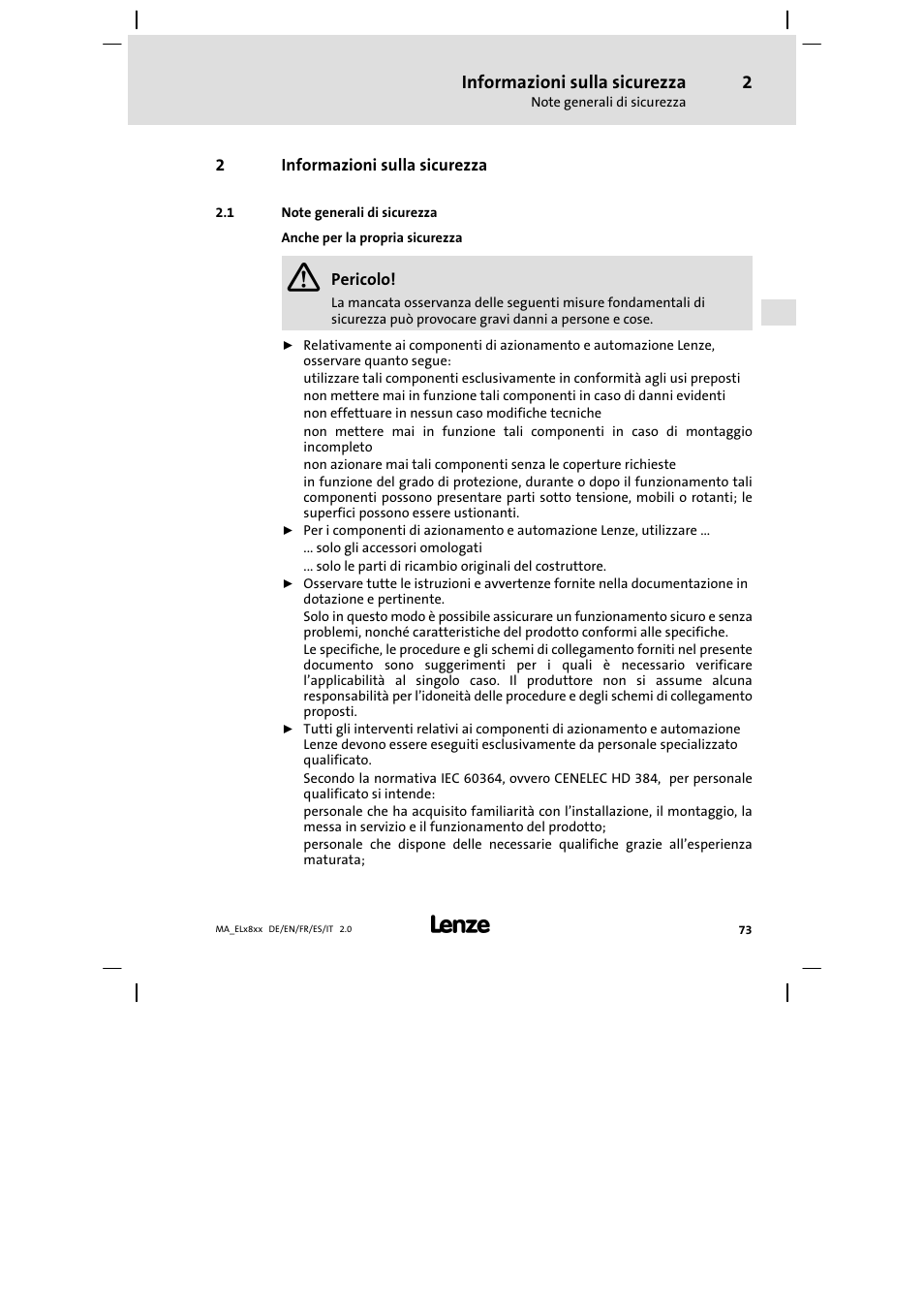 Informazioni sulla sicurezza, Note generali di sicurezza | Lenze EL 9800 Mounting Instructions User Manual | Page 73 / 89