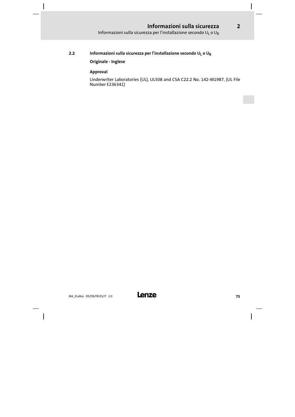 Informazioni sulla sicurezza | Lenze EL 9800 Mounting Instructions User Manual | Page 75 / 89