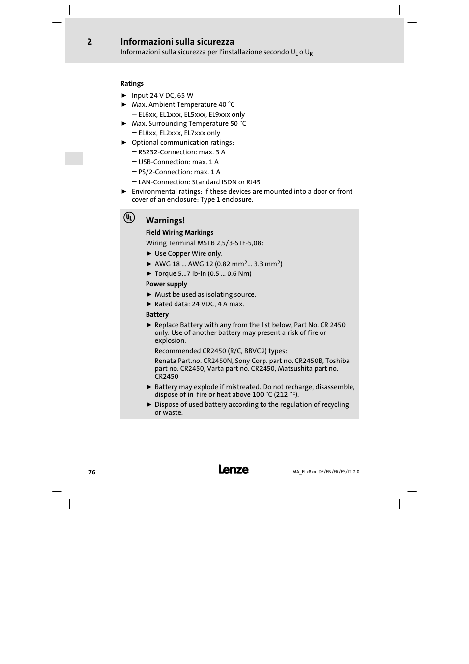 Informazioni sulla sicurezza | Lenze EL 9800 Mounting Instructions User Manual | Page 76 / 89