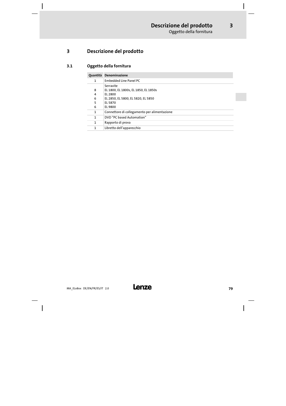 Descrizione del prodotto, Oggetto della fornitura | Lenze EL 9800 Mounting Instructions User Manual | Page 79 / 89