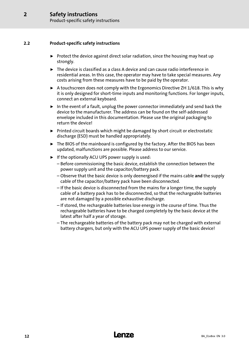 Product-specific safety instructions, Product−specific safety instructions, Safety instructions | Lenze EL 9800 Operating Instructions User Manual | Page 12 / 57