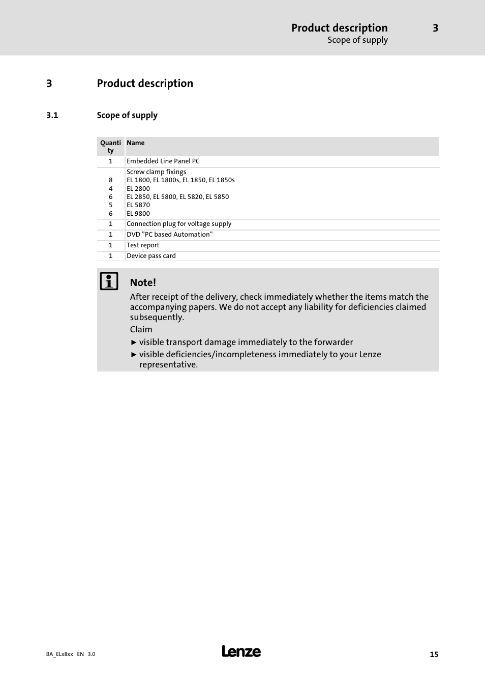 Product description, Scope of supply, 3product description | Lenze EL 9800 Operating Instructions User Manual | Page 15 / 57