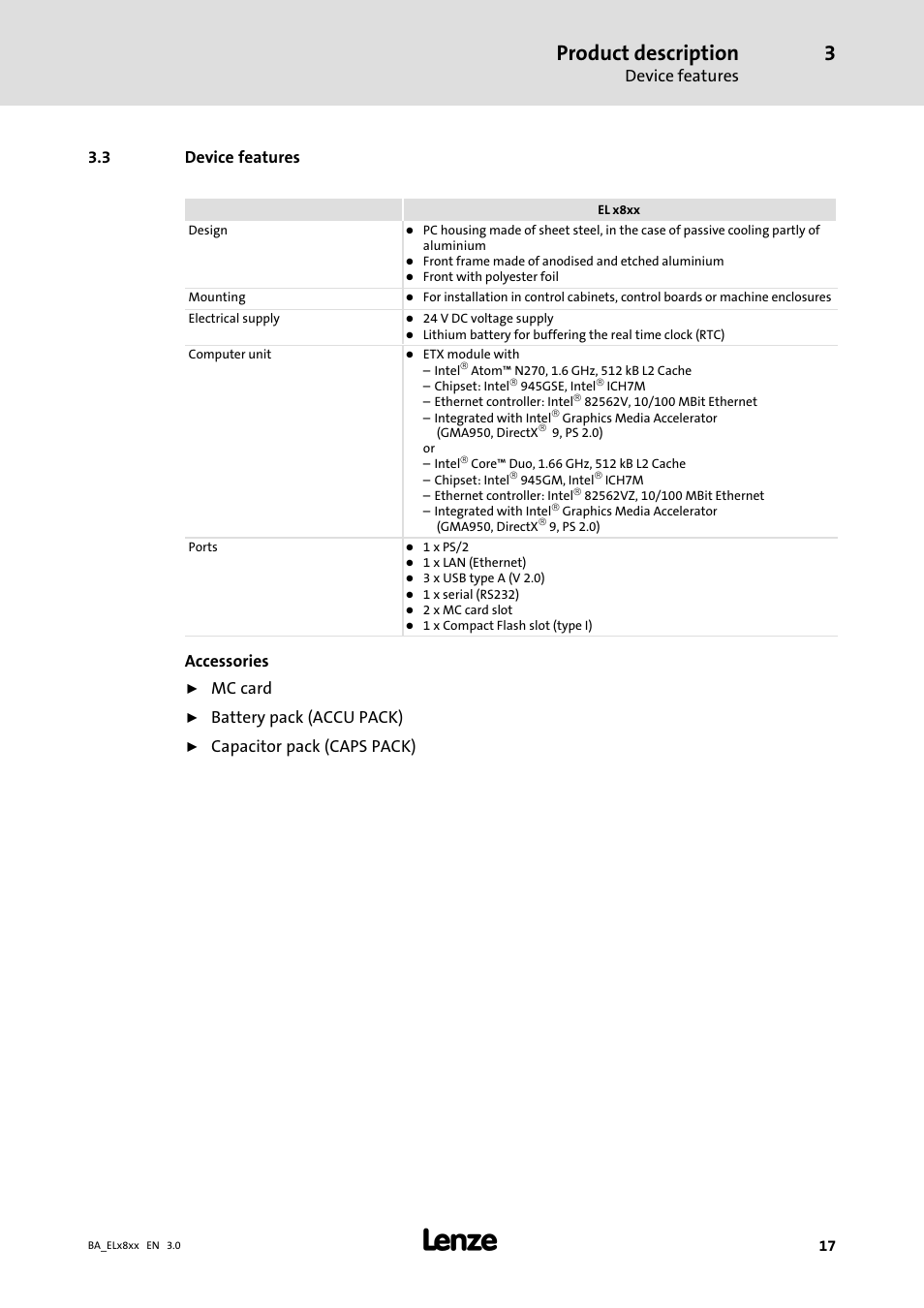 Device features, Product description, 3 device features | Accessories, Mc card, Battery pack (accu pack), Capacitor pack (caps pack) | Lenze EL 9800 Operating Instructions User Manual | Page 17 / 57