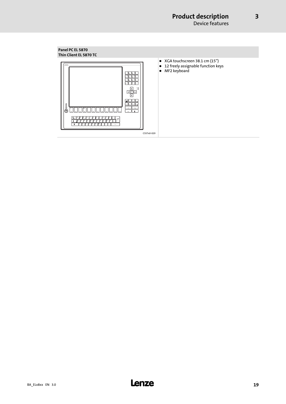 Product description, Device features, Space enter | Fail status power, 12 freely assignable function keys, Mf2 keyboard, Ba_elx8xx en 3.0 | Lenze EL 9800 Operating Instructions User Manual | Page 19 / 57