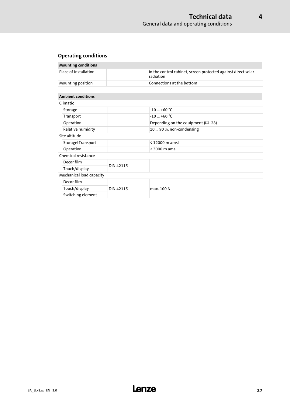 Technical data | Lenze EL 9800 Operating Instructions User Manual | Page 27 / 57