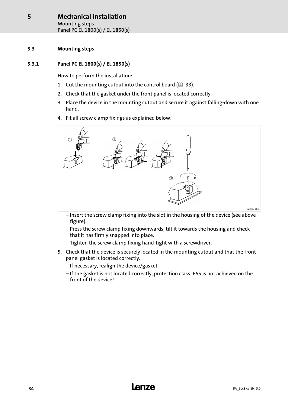 Mounting steps, Panel pc el 1800(s) / el 1850(s), Mechanical installation | Lenze EL 9800 Operating Instructions User Manual | Page 34 / 57