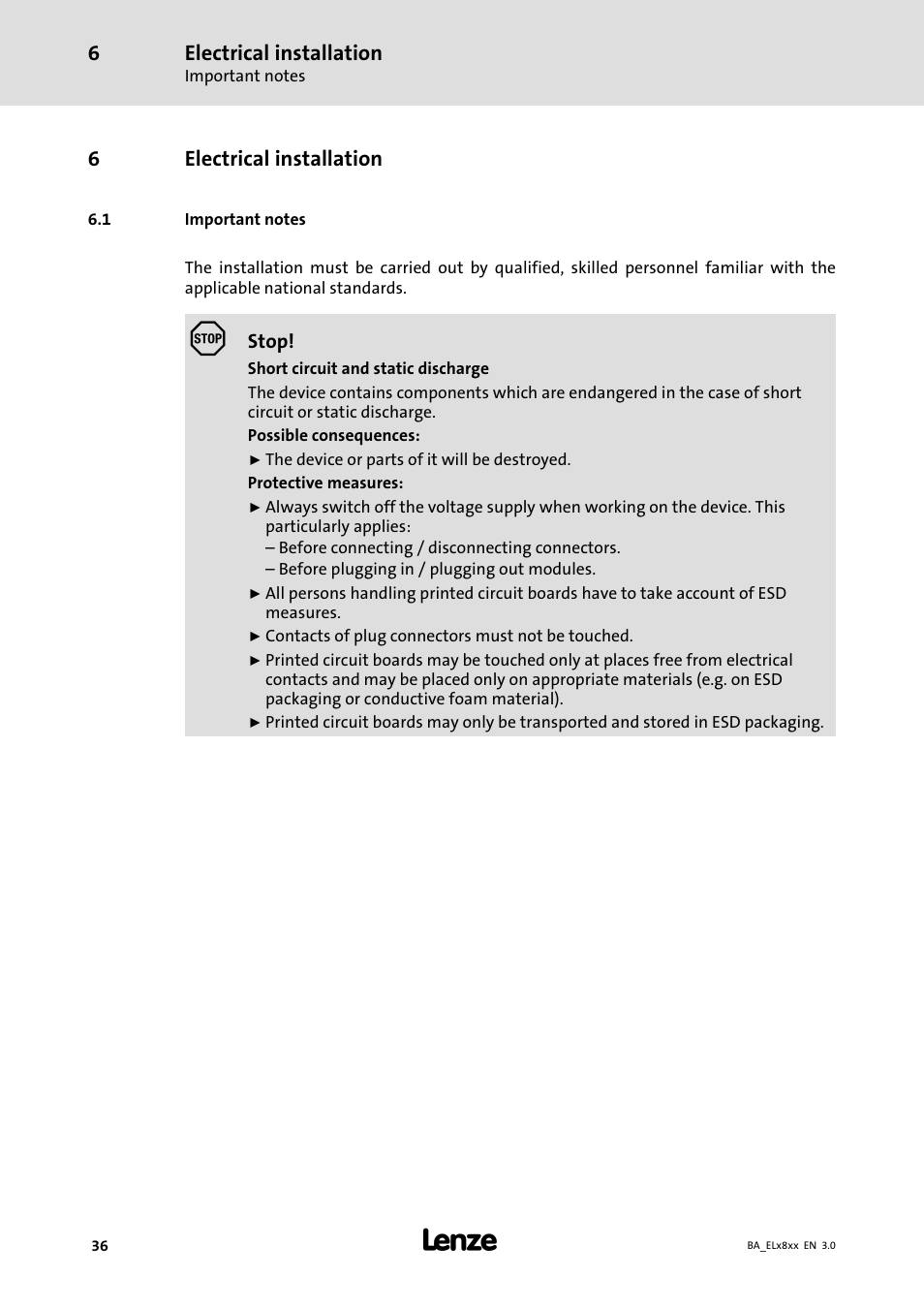 Electrical installation, Important notes | Lenze EL 9800 Operating Instructions User Manual | Page 36 / 57