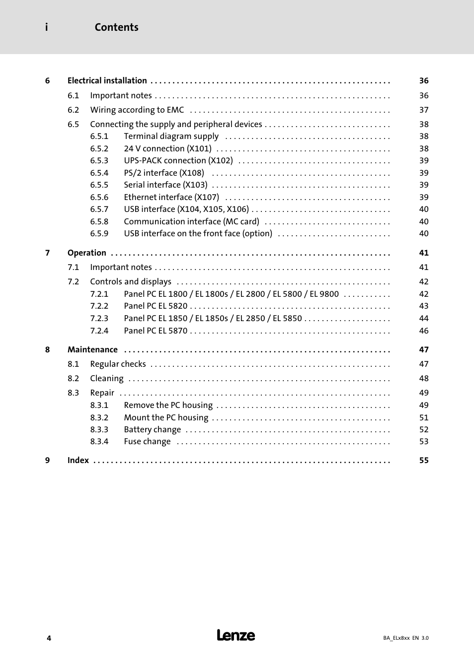 Contents i | Lenze EL 9800 Operating Instructions User Manual | Page 4 / 57