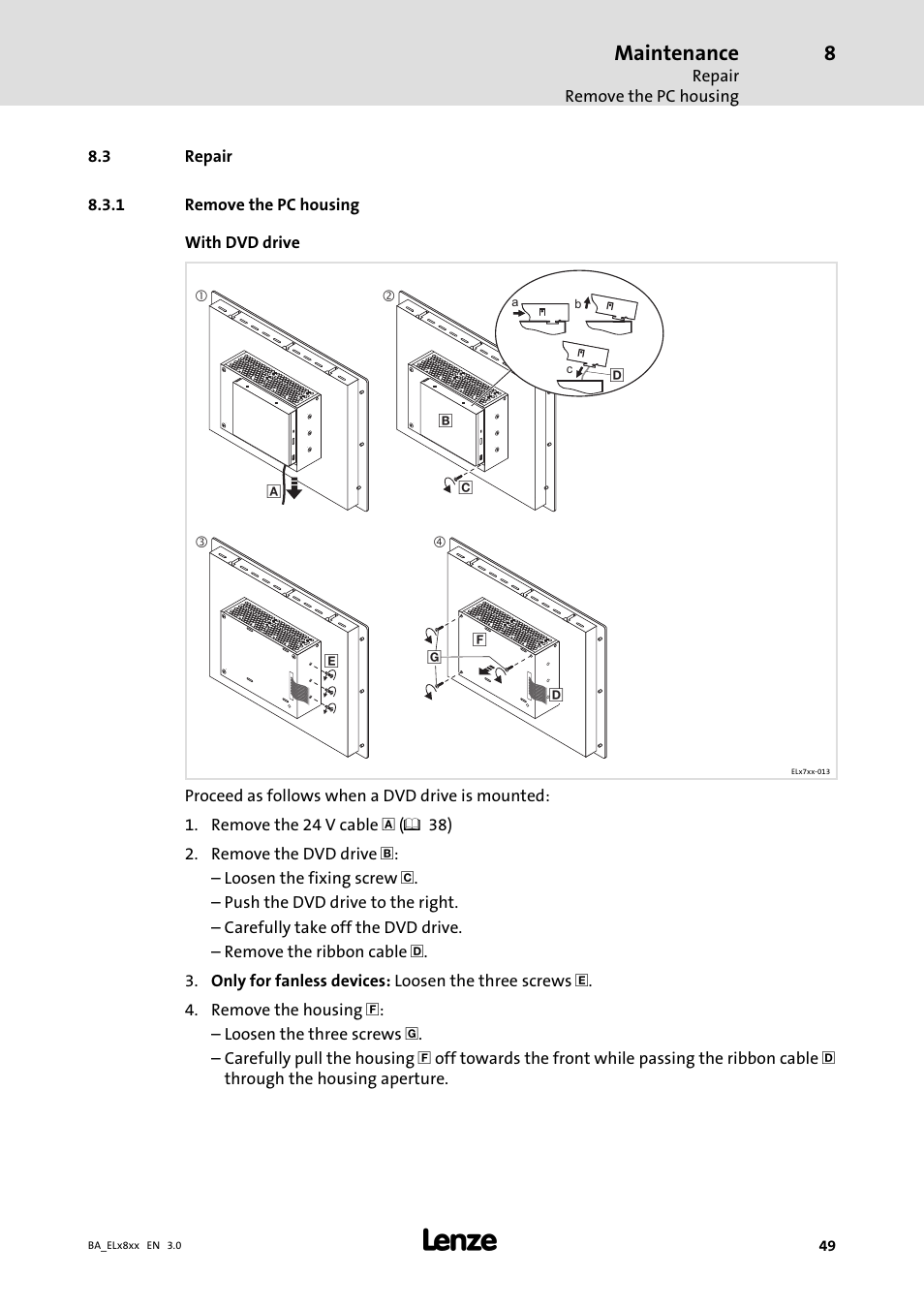 Repair, Remove the pc housing, Maintenance | Lenze EL 9800 Operating Instructions User Manual | Page 49 / 57