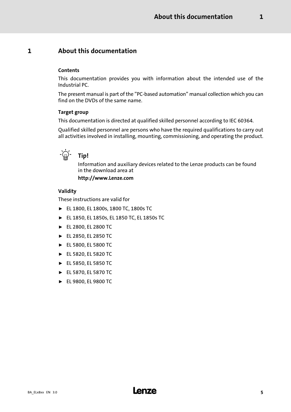 About this documentation, About this documentation 1, 1about this documentation | Lenze EL 9800 Operating Instructions User Manual | Page 5 / 57