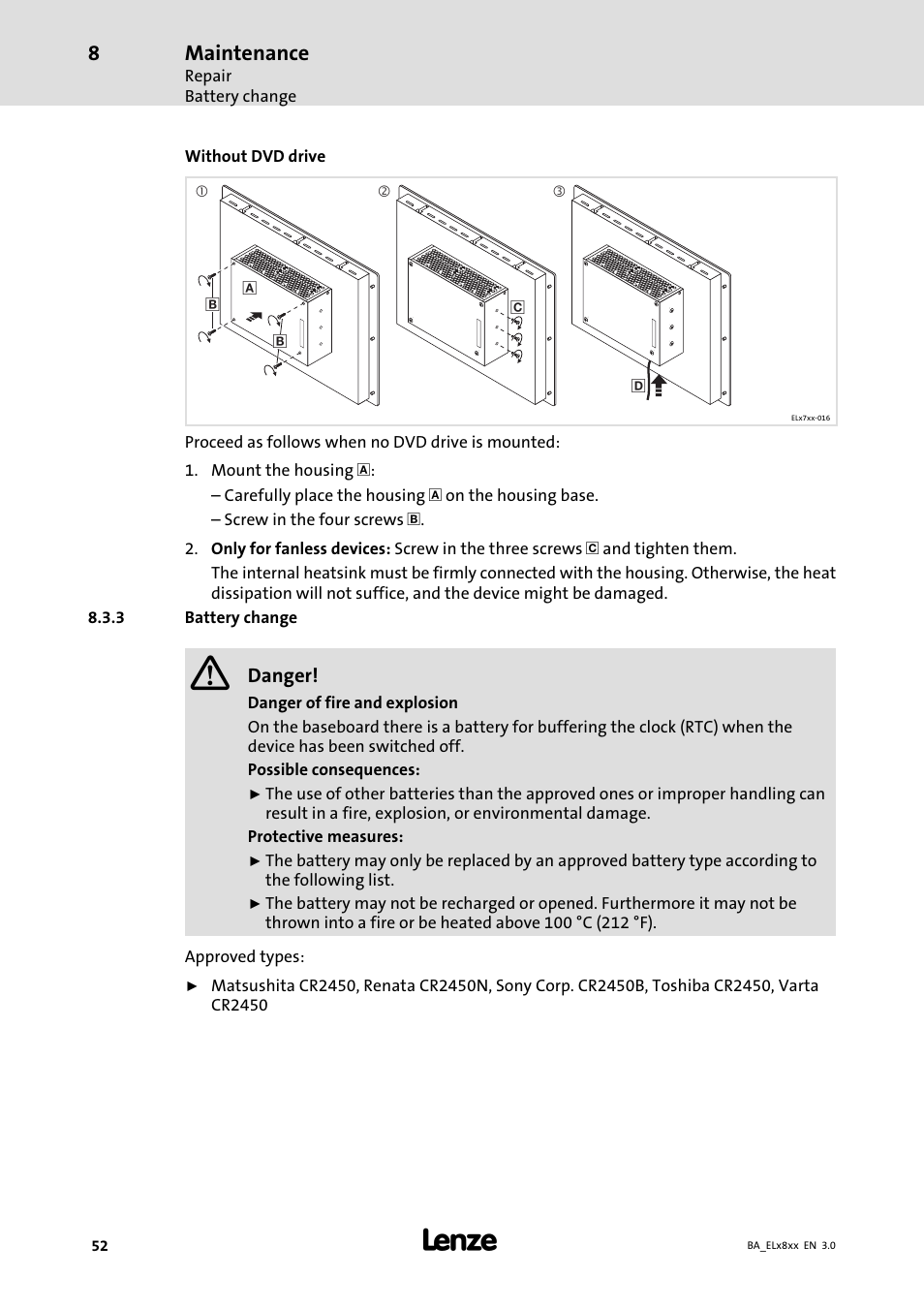 Battery change, Maintenance | Lenze EL 9800 Operating Instructions User Manual | Page 52 / 57