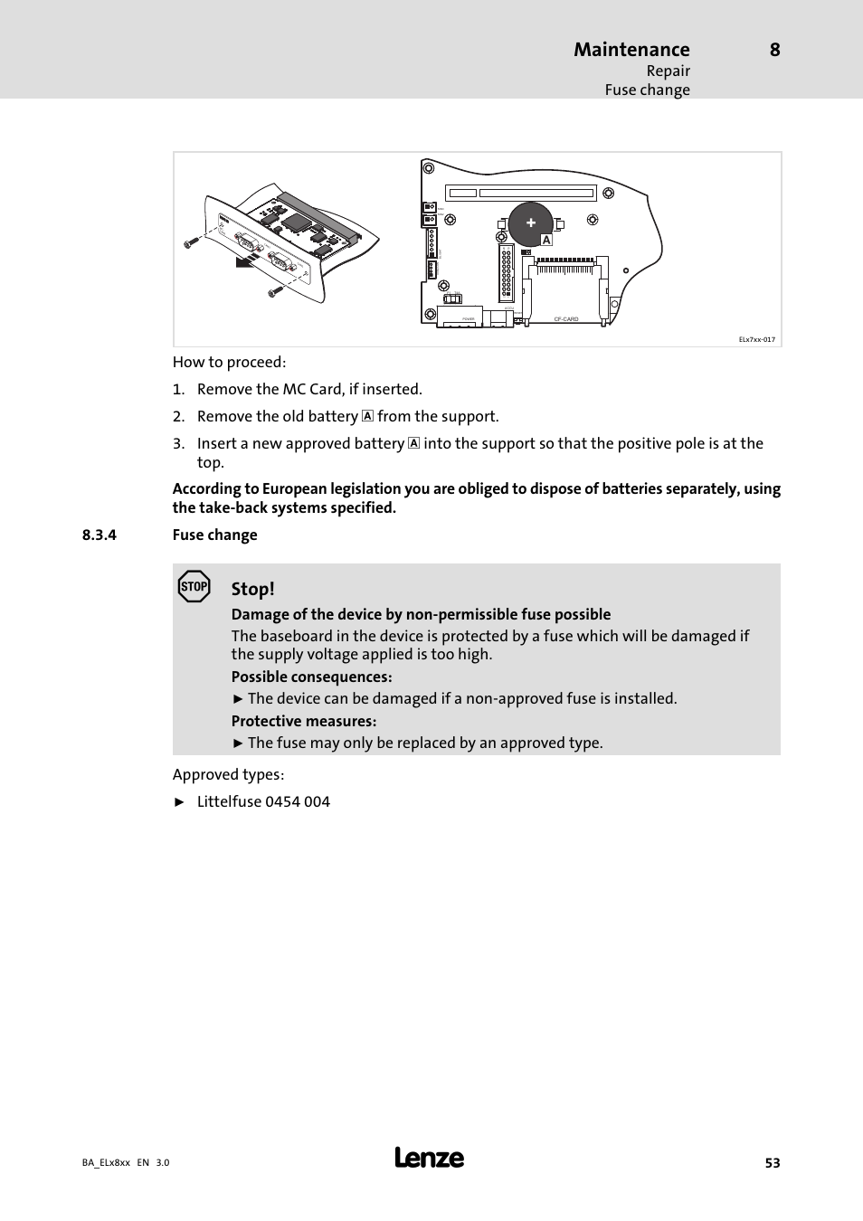 Fuse change, Maintenance, Stop | Repair fuse change | Lenze EL 9800 Operating Instructions User Manual | Page 53 / 57