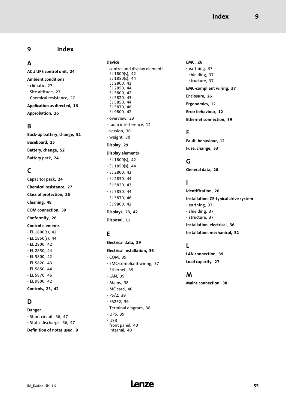 Index, Index 9, 9index a | Lenze EL 9800 Operating Instructions User Manual | Page 55 / 57