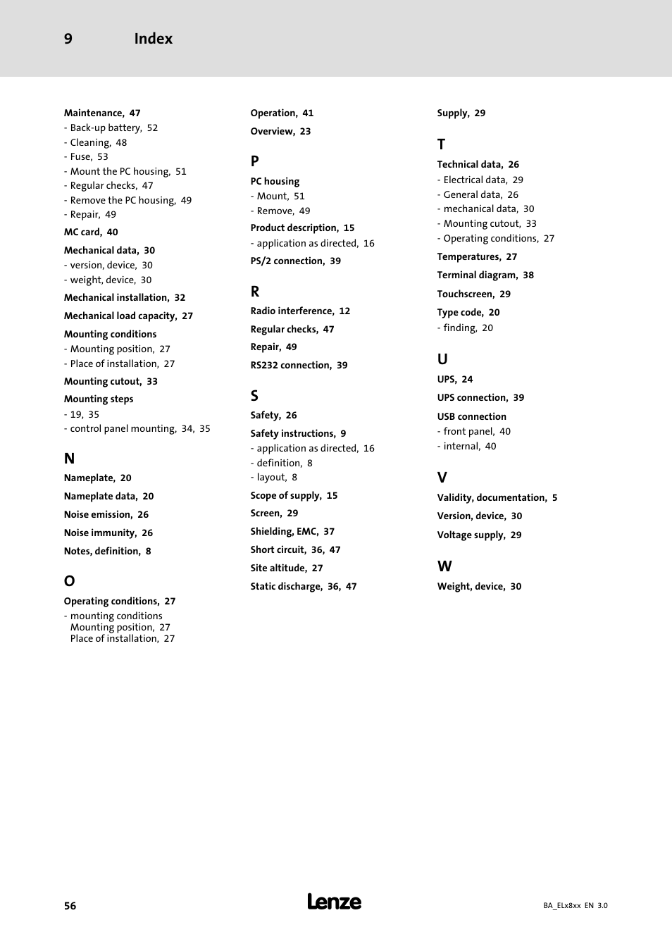 Index 9 | Lenze EL 9800 Operating Instructions User Manual | Page 56 / 57