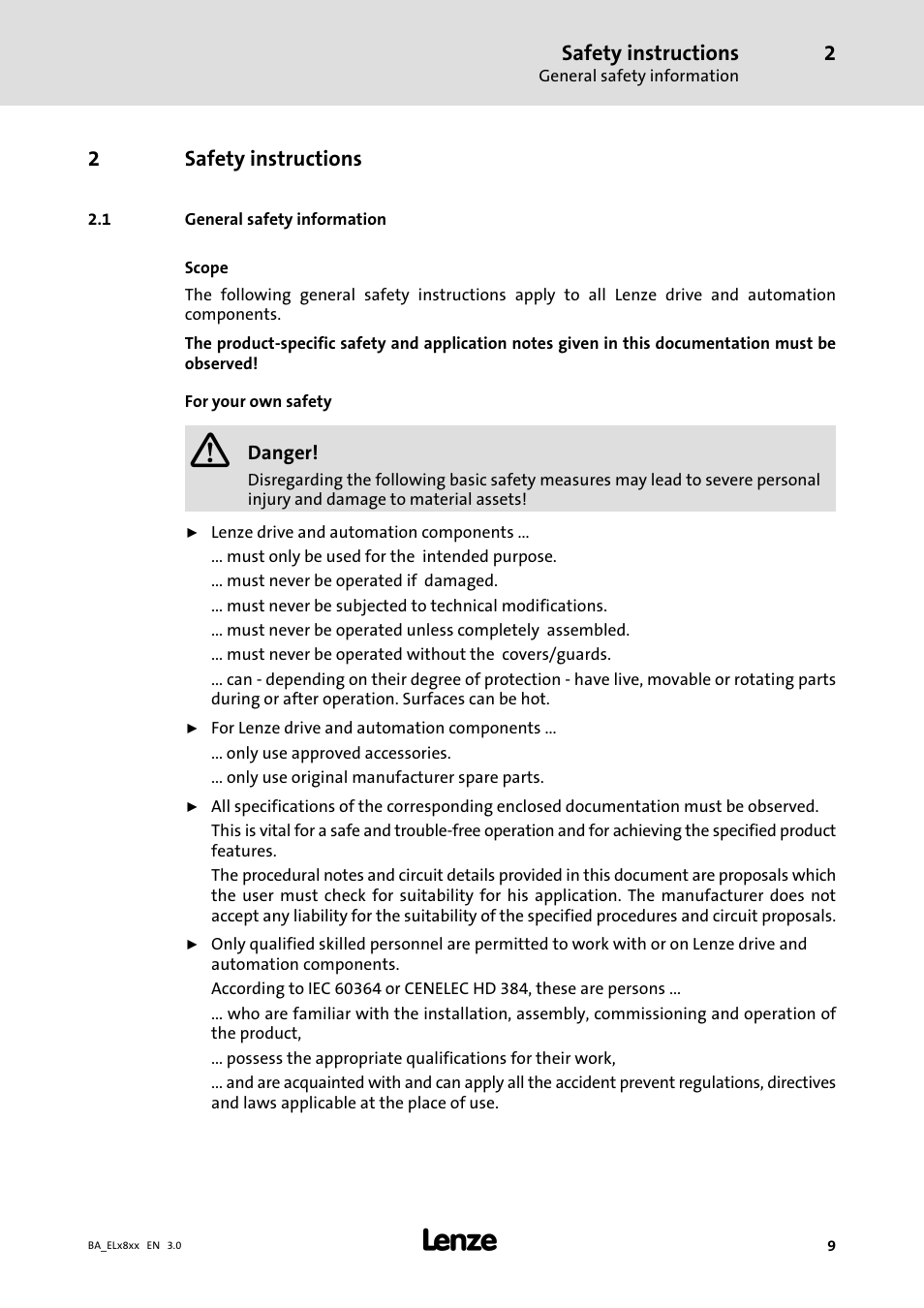 Safety instructions, General safety information | Lenze EL 9800 Operating Instructions User Manual | Page 9 / 57