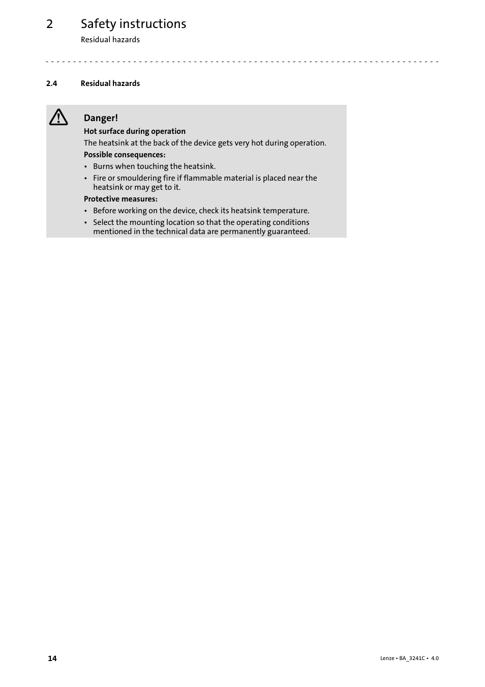 4 residual hazards, Residual hazards, Safety instructions | Lenze 3200 C User Manual | Page 14 / 38