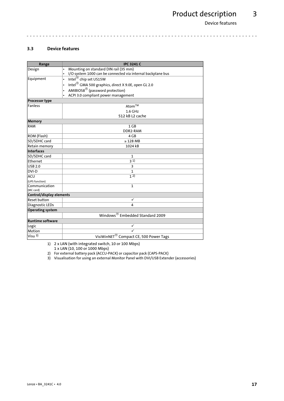 3 device features, Device features, Product description | Lenze 3200 C User Manual | Page 17 / 38