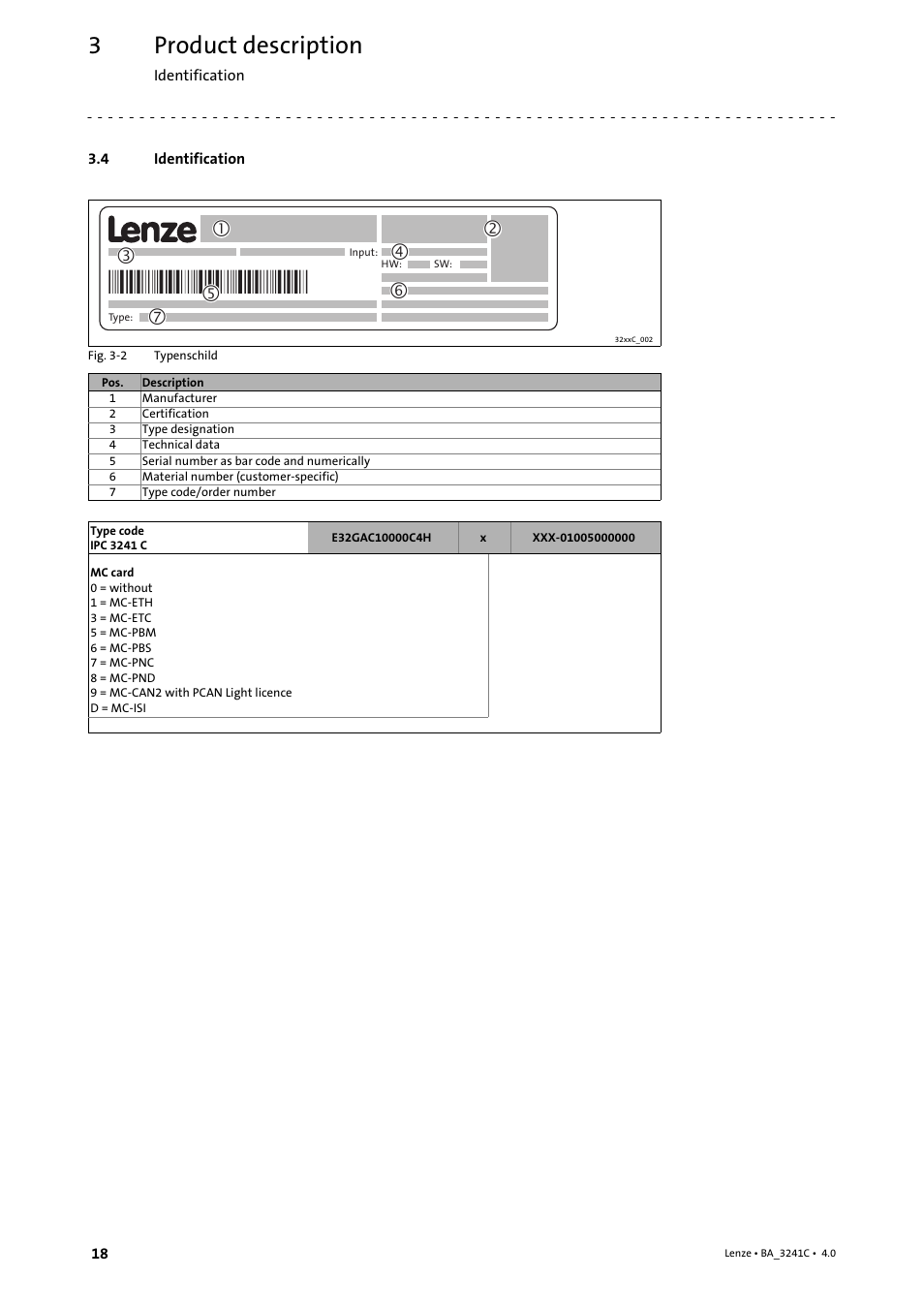 4 identification, Identification, Product description | Lenze 3200 C User Manual | Page 18 / 38