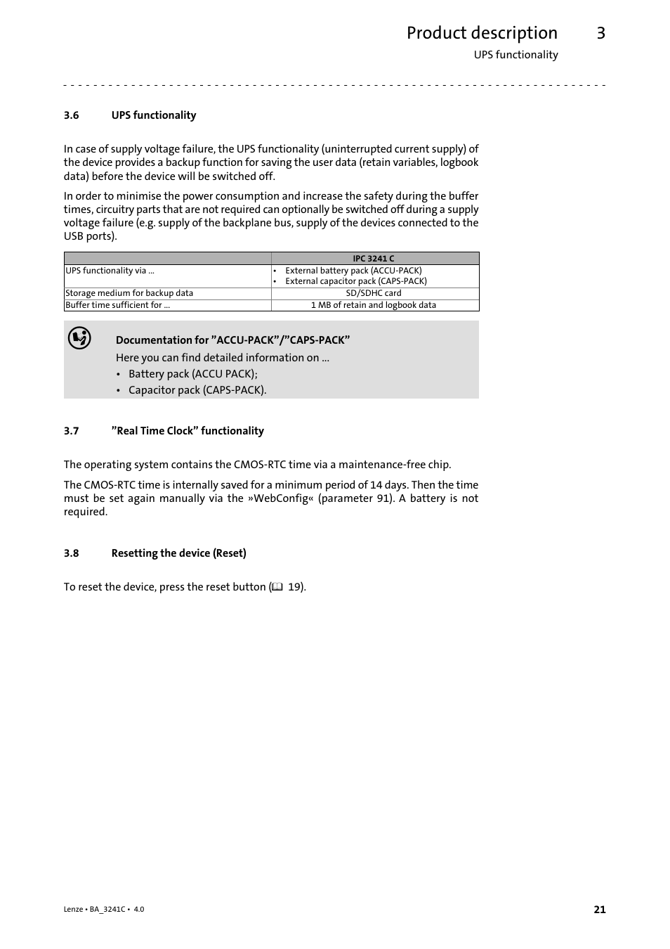 6 ups functionality, 7 "real time clock" functionality, 8 resetting the device (reset) | Ups functionality, Real time clock" functionality, Resetting the device (reset), Product description | Lenze 3200 C User Manual | Page 21 / 38