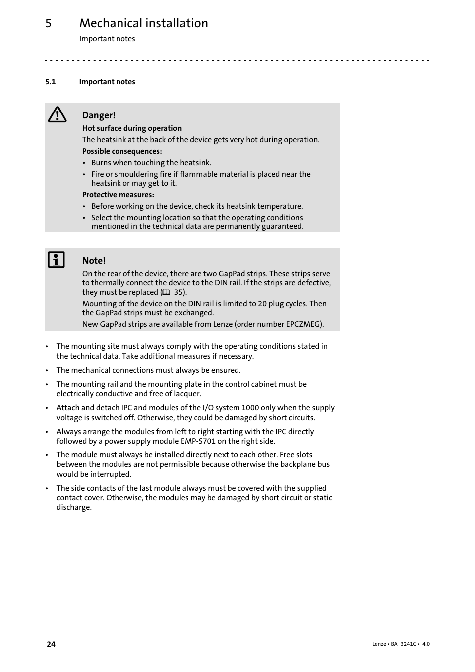 5 mechanical installation, 1 important notes, Mechanical installation | Important notes | Lenze 3200 C User Manual | Page 24 / 38