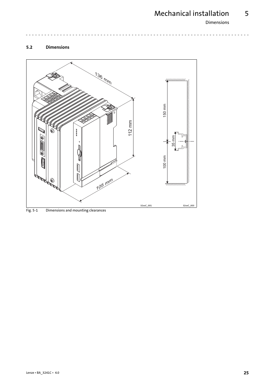 2 dimensions, Dimensions, Mechanical installation | Lenze 3200 C User Manual | Page 25 / 38