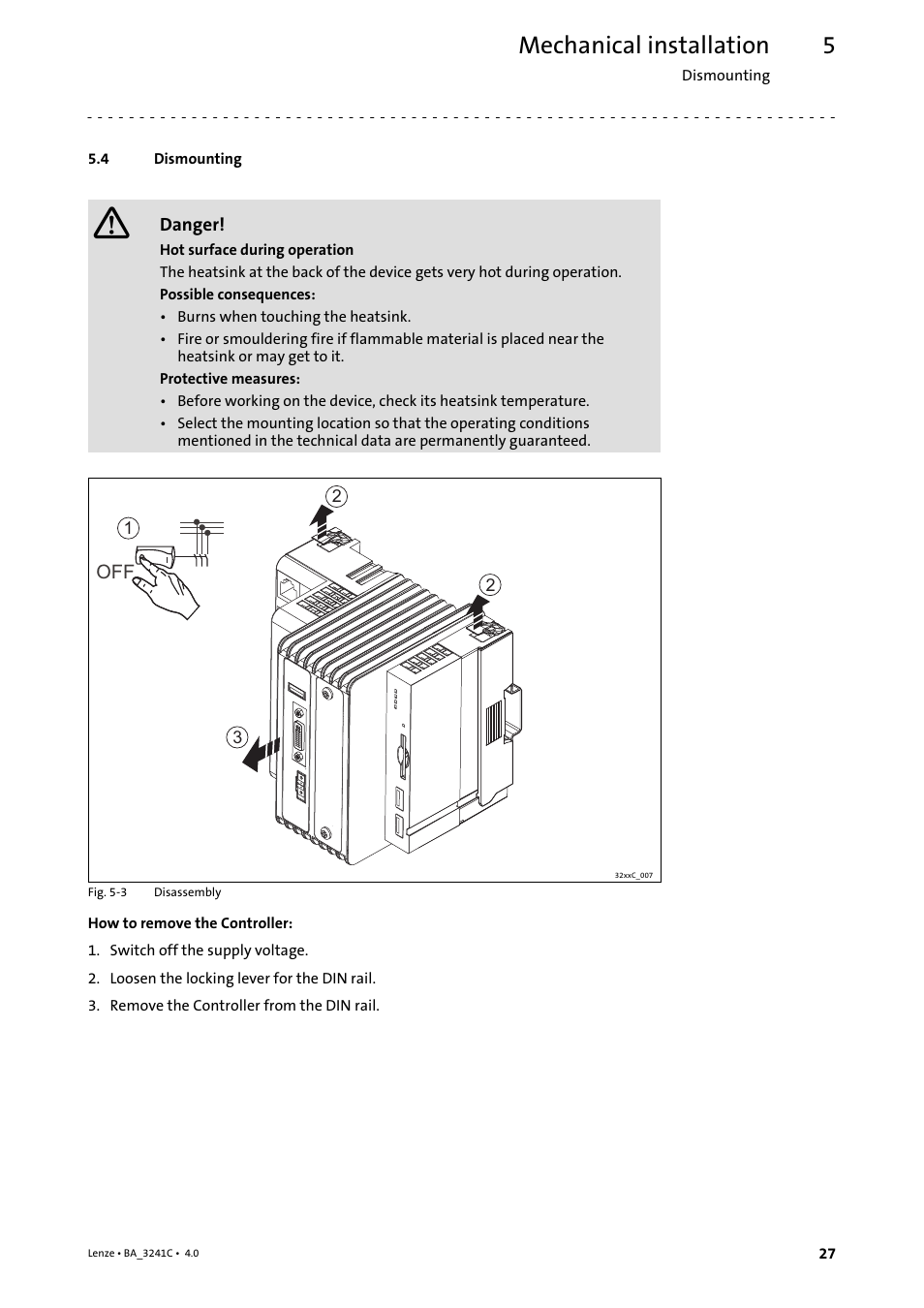 4 dismounting, Dismounting, Mechanical installation | Lenze 3200 C User Manual | Page 27 / 38