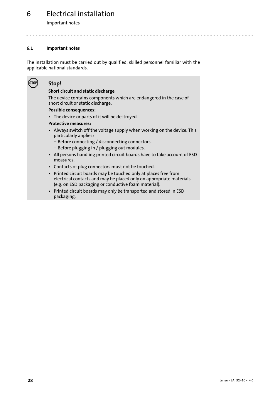 6 electrical installation, 1 important notes, Electrical installation | Important notes | Lenze 3200 C User Manual | Page 28 / 38