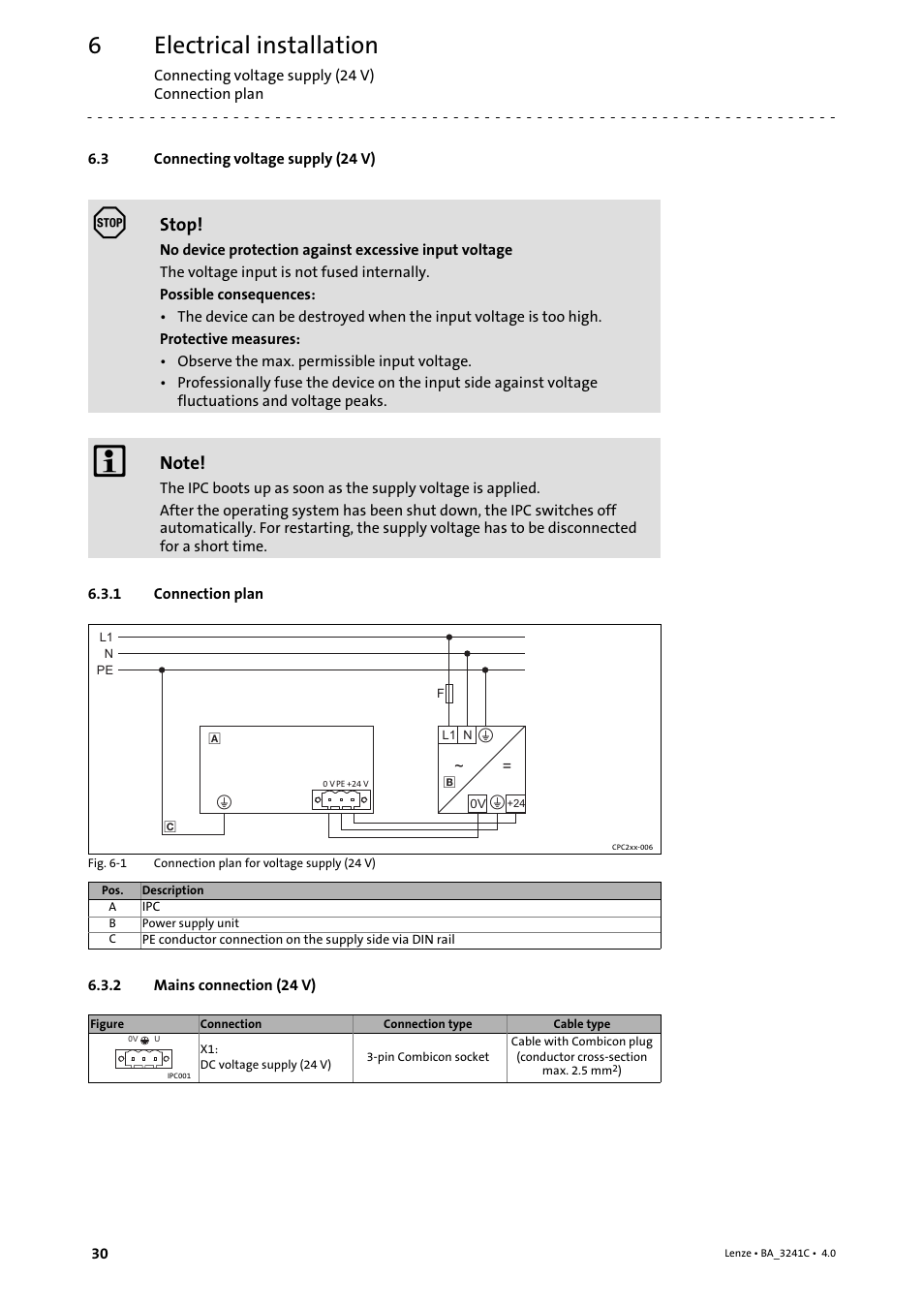 3 connecting voltage supply (24 v), 1 connection plan, 2 mains connection (24 v) | Connecting voltage supply (24 v), Connection plan, Mains connection (24 v), Electrical installation, Stop | Lenze 3200 C User Manual | Page 30 / 38