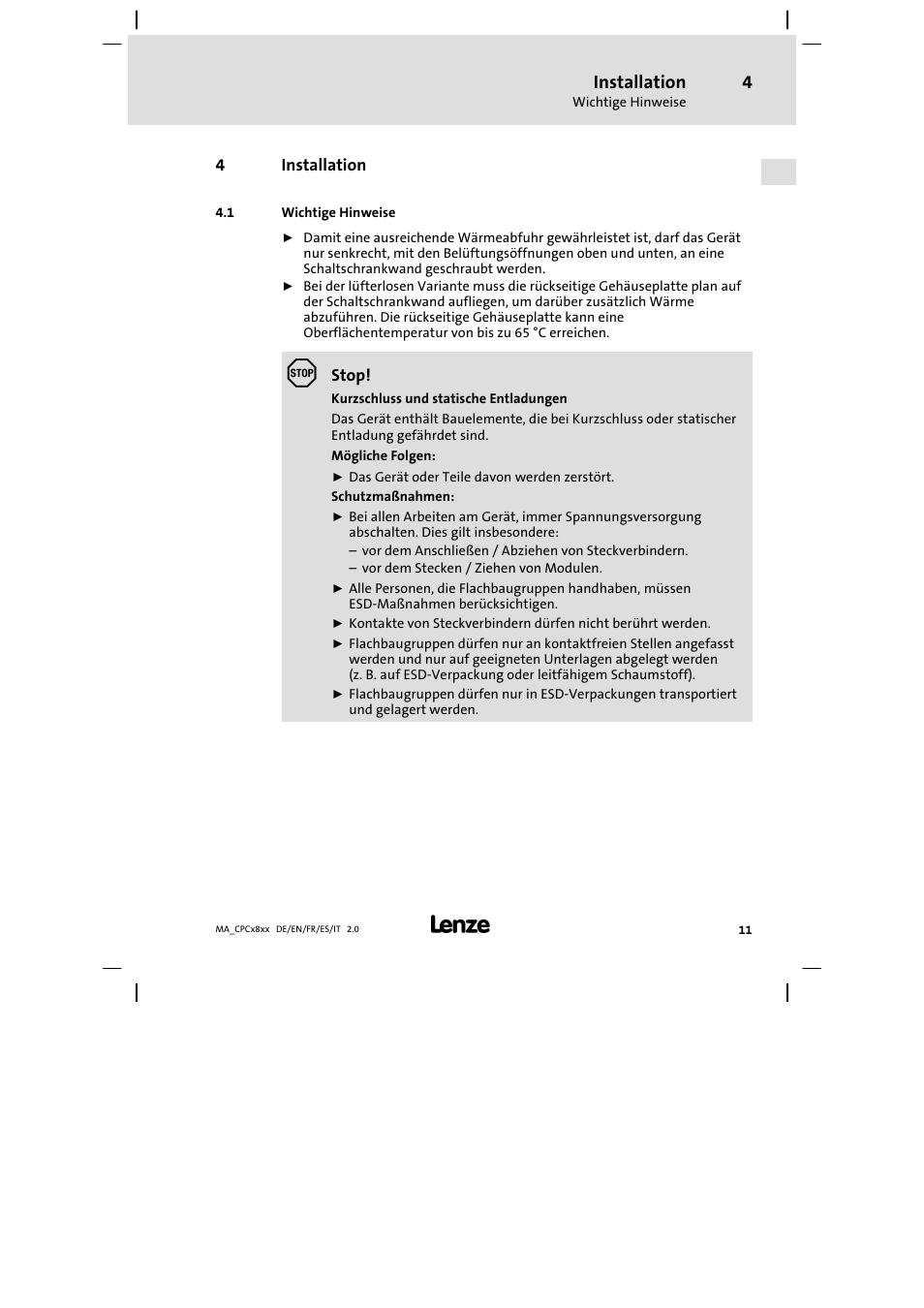 Installation, Wichtige hinweise | Lenze CPC 2800 Mounting Instructions User Manual | Page 11 / 59