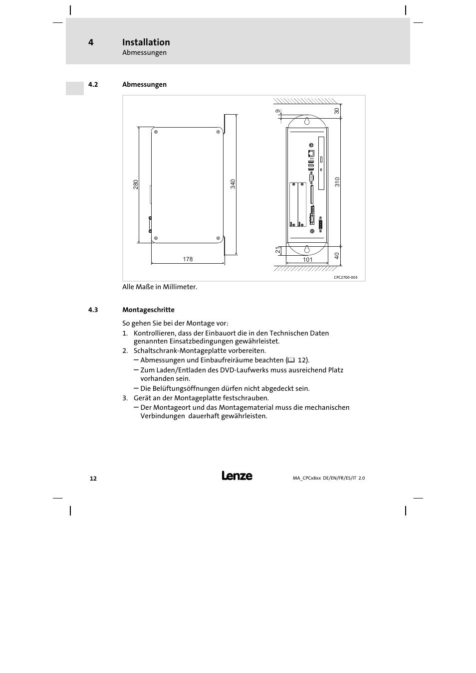 Abmessungen, Montageschritte, Installation | Lenze CPC 2800 Mounting Instructions User Manual | Page 12 / 59