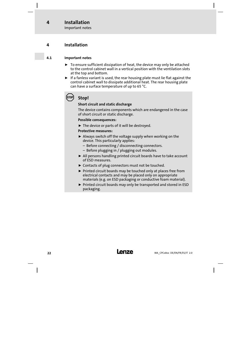 Installation, Important notes | Lenze CPC 2800 Mounting Instructions User Manual | Page 22 / 59