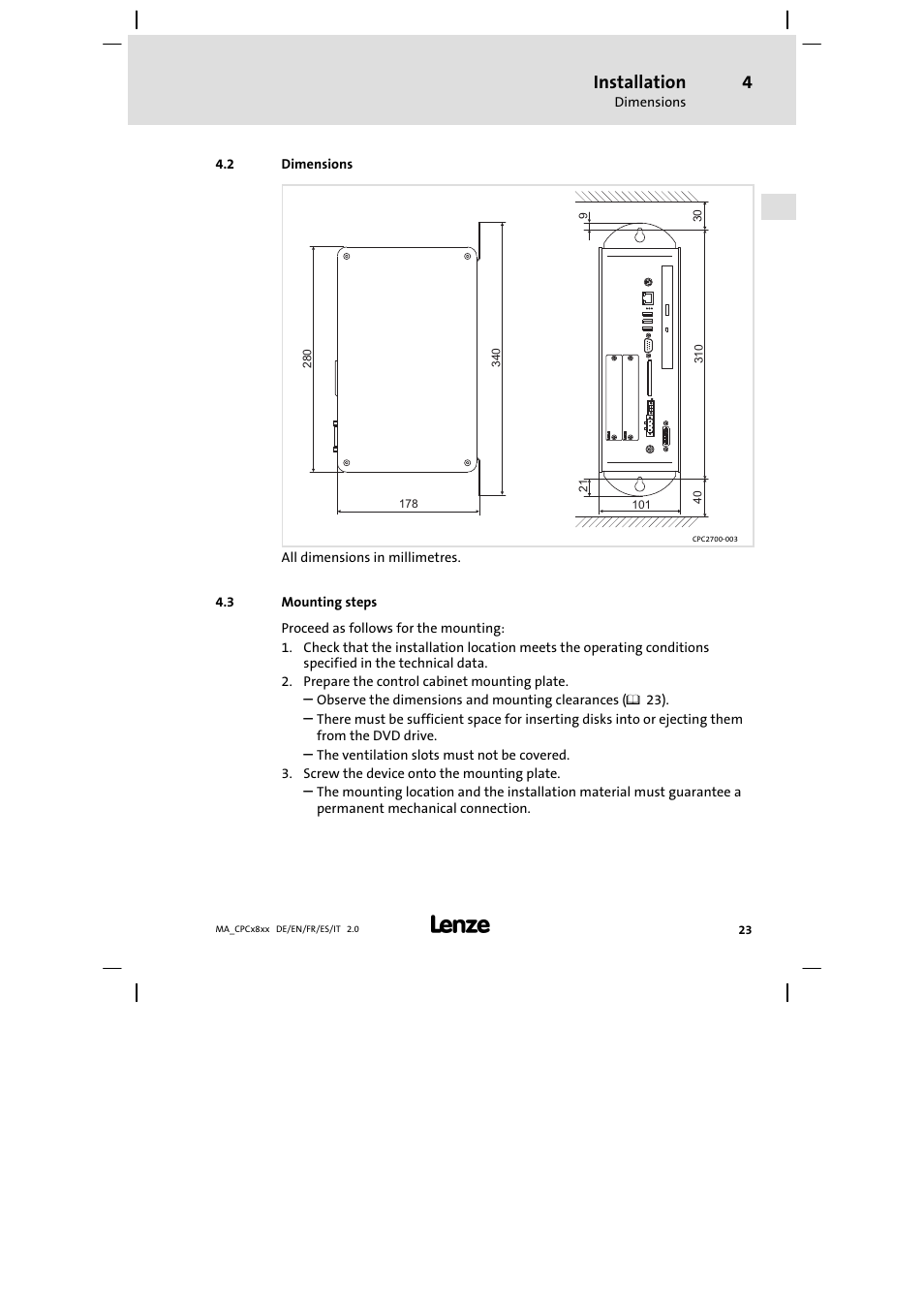 Dimensions, Mounting steps, Installation | Lenze CPC 2800 Mounting Instructions User Manual | Page 23 / 59