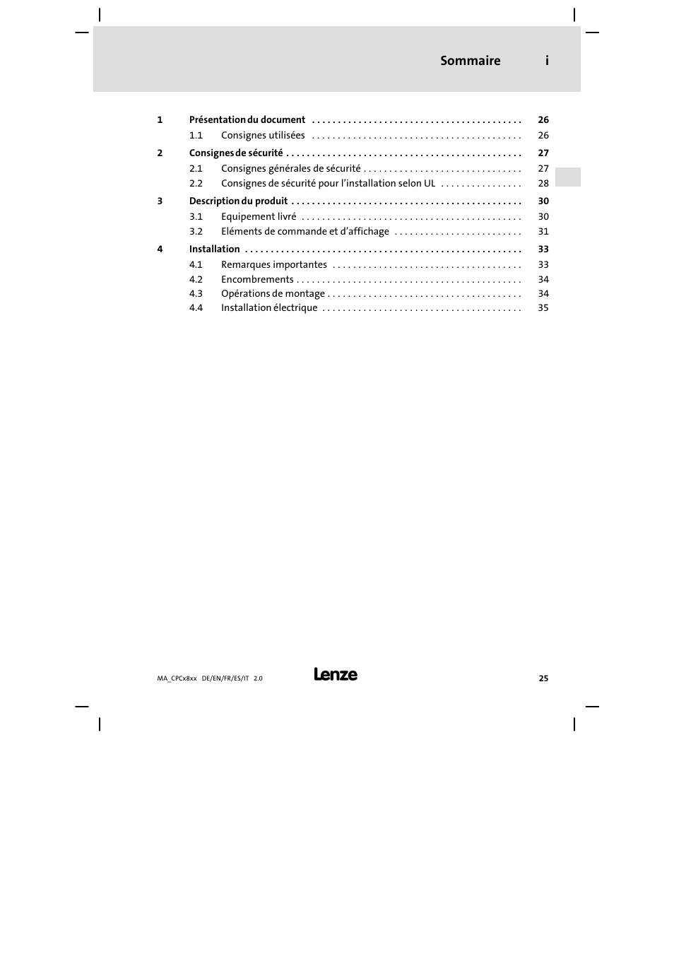 Sommaire, Sommaire i | Lenze CPC 2800 Mounting Instructions User Manual | Page 25 / 59