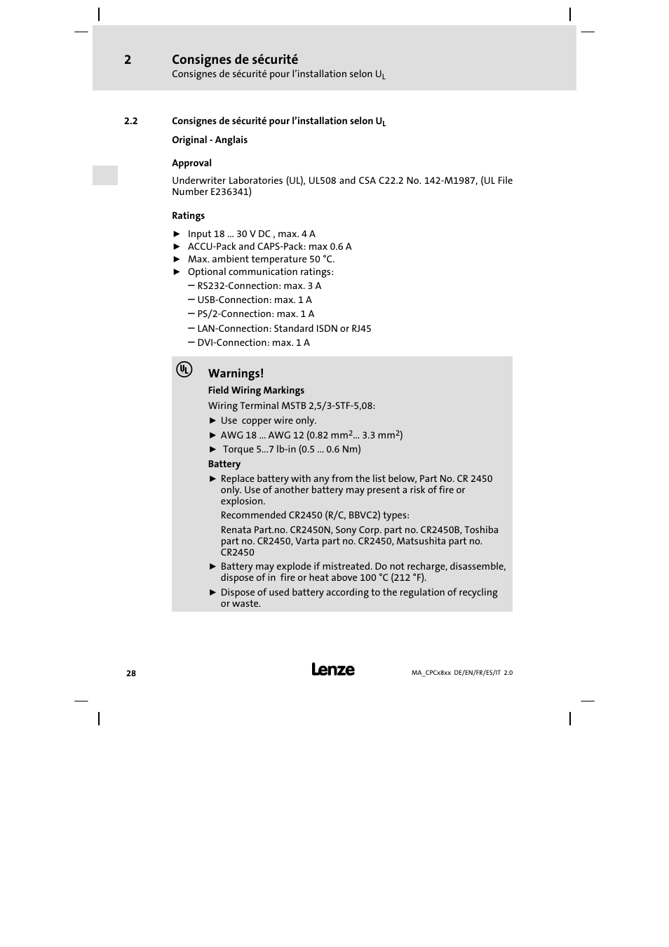 Consignes de sécurité pour l'installation selon ul, Consignes de sécurité pour l’installation selon ul, Consignes de sécurité | Lenze CPC 2800 Mounting Instructions User Manual | Page 28 / 59