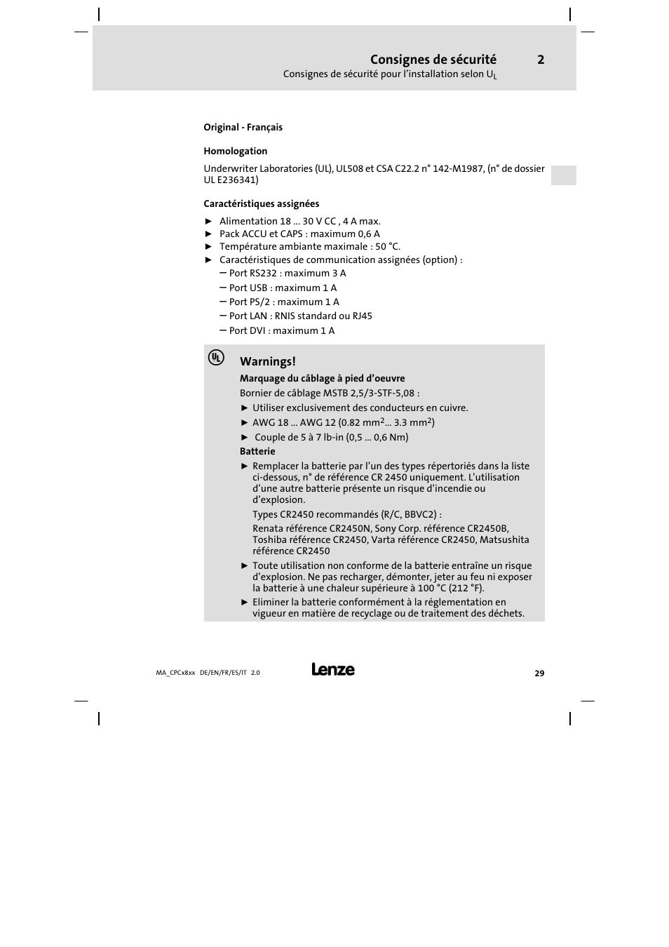 Consignes de sécurité | Lenze CPC 2800 Mounting Instructions User Manual | Page 29 / 59