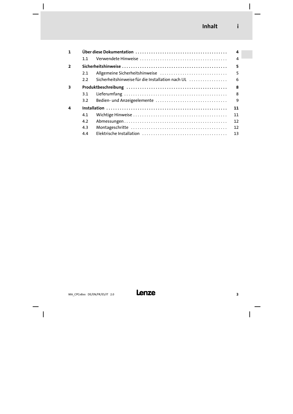 Inhalt, Inhalt i | Lenze CPC 2800 Mounting Instructions User Manual | Page 3 / 59