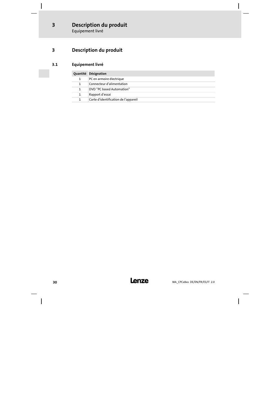 Description du produit, Equipement livré | Lenze CPC 2800 Mounting Instructions User Manual | Page 30 / 59