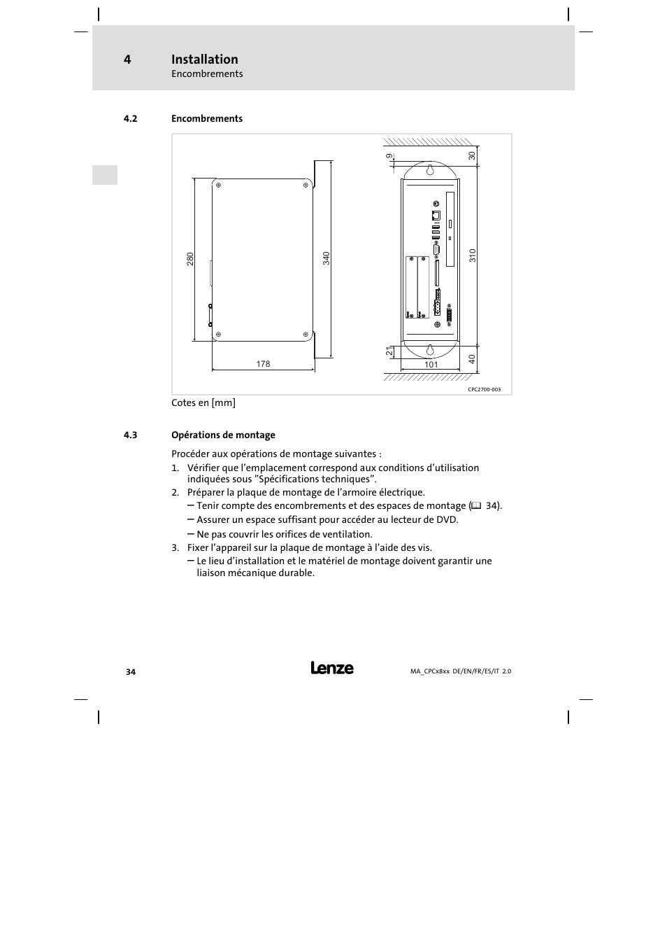 Encombrements, Opérations de montage, Installation | Lenze CPC 2800 Mounting Instructions User Manual | Page 34 / 59