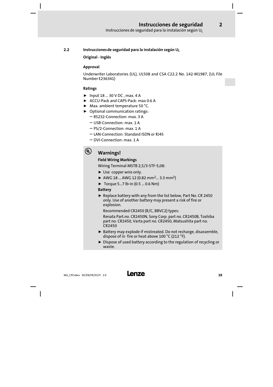 Instrucciones de seguridad | Lenze CPC 2800 Mounting Instructions User Manual | Page 39 / 59